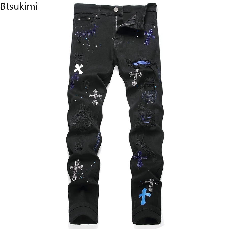 Men'S Fashion Nova Jeans - 2026 Neue Herrenmode Kristall-Kreuz Stretch-Jeans mit