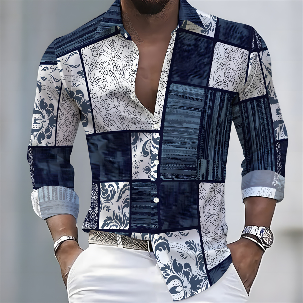 Quality Men'S Fashion - Herrenhemd im Luxus-Stil mit Farbblock-Print, Langarm,