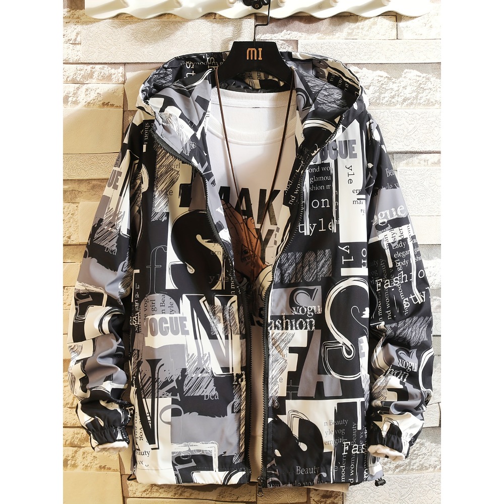 Fashion Men Vogue - Street Fashion Vogue Text-Buchstaben-Kapuzen-Windbreaker Schwarz Weiß