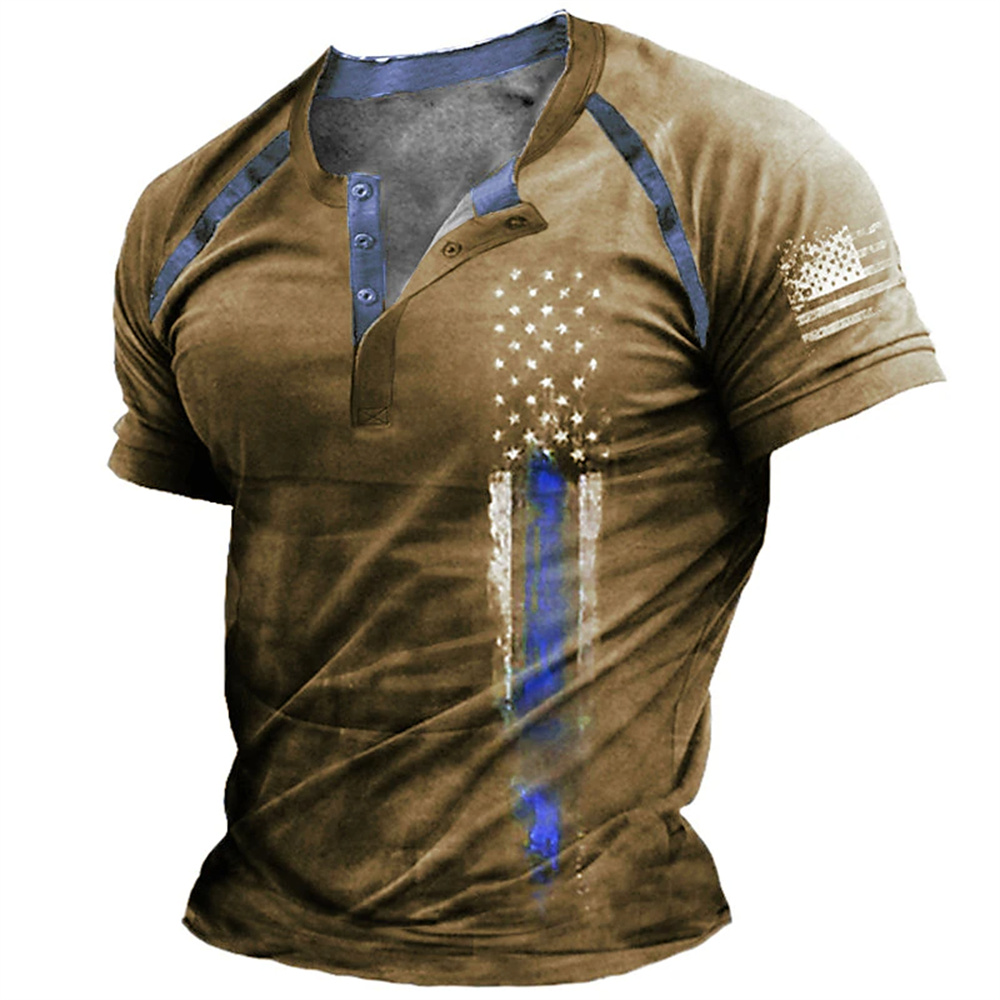 Quality Men'S Fashion - Lustiges 3D-amerikanische-Flaggen-Print Herren-Henley-Shirt, modisches Henley-Kragen-Kurzarmshirt, Sommer-Streetwear,