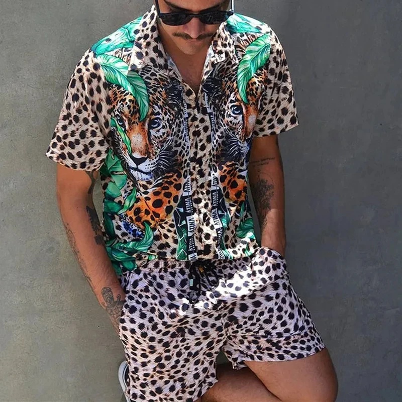 Men'S Fashion And Style - Sommer Herrenmode Leopardenmuster Kurzarmhemd und Shorts