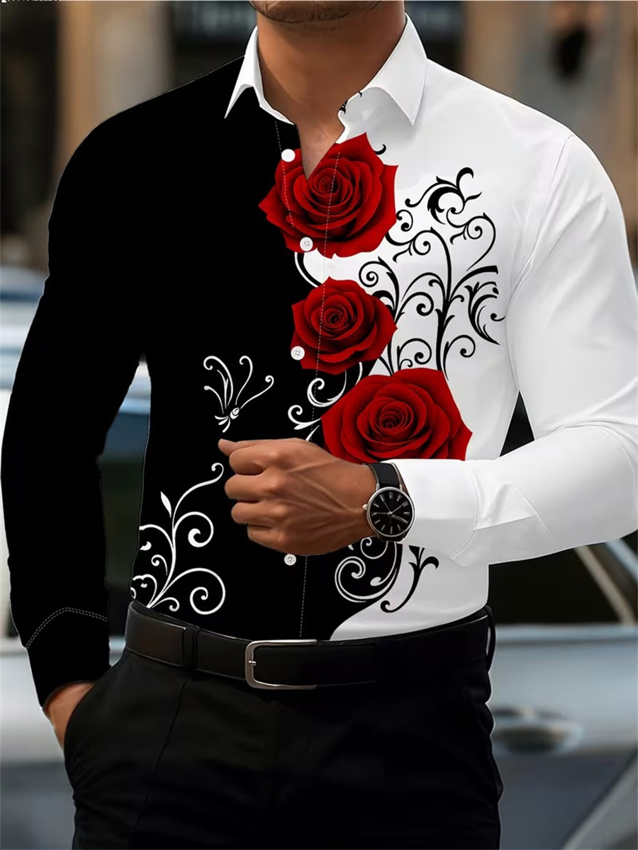 Fashion Mens Shirt - Herren Langarmhemd mit rotem Rosenmuster, modisch