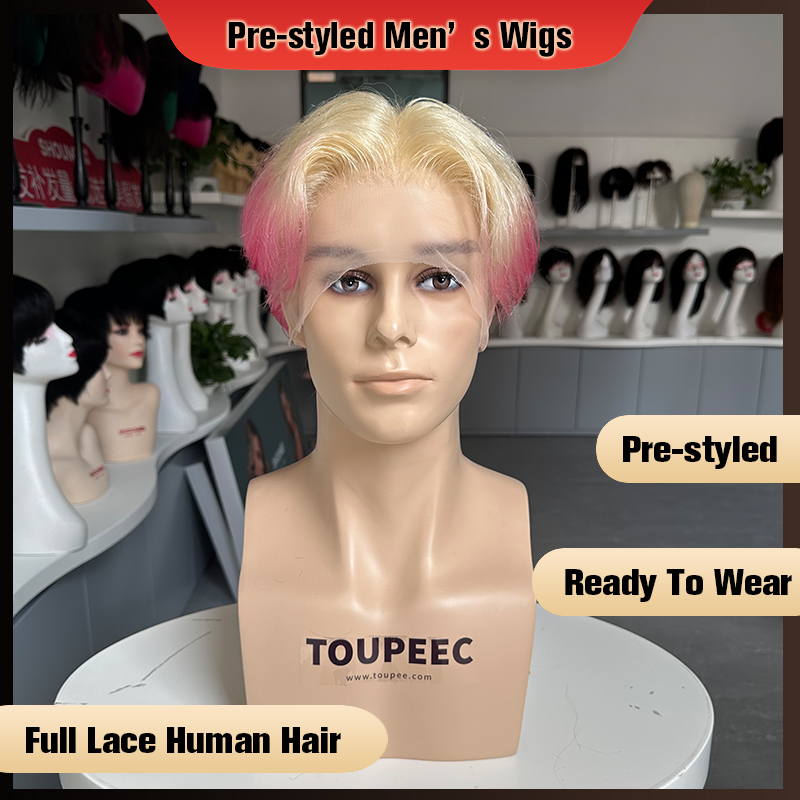 Men Fashion Hair Style - Vorgefertigte Herrenperücke aus Echthaar, Ombre Blond