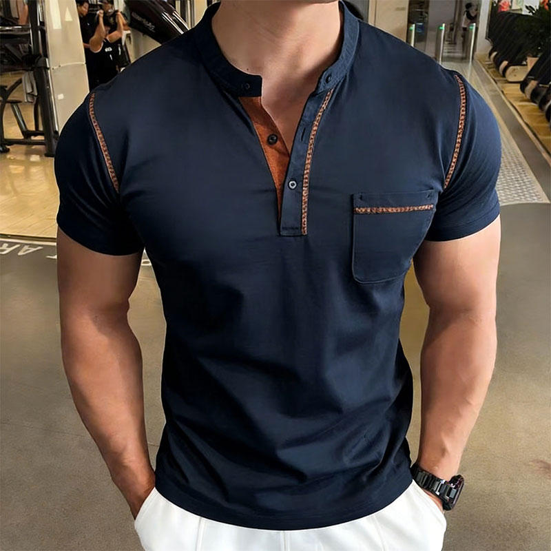 Men'S Fashion And Style - Neues Sommer-Herren-Henley-Kragen-Kurzarm-Golf-Poloshirt mit Persönlichkeits-Taschenstil, Lässiges Atmungsaktives
